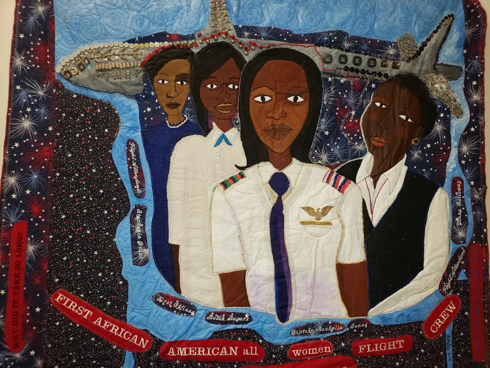 A story quilt depicting the first African American all-women flight crew